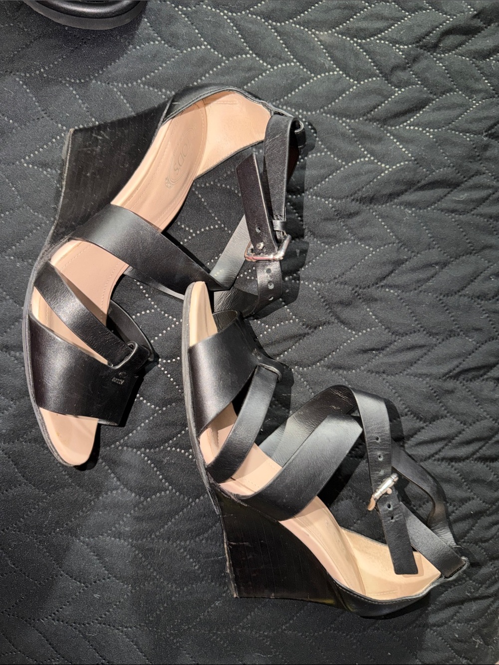 Tod's Black Leather Wedge Sandals with Cross Straps